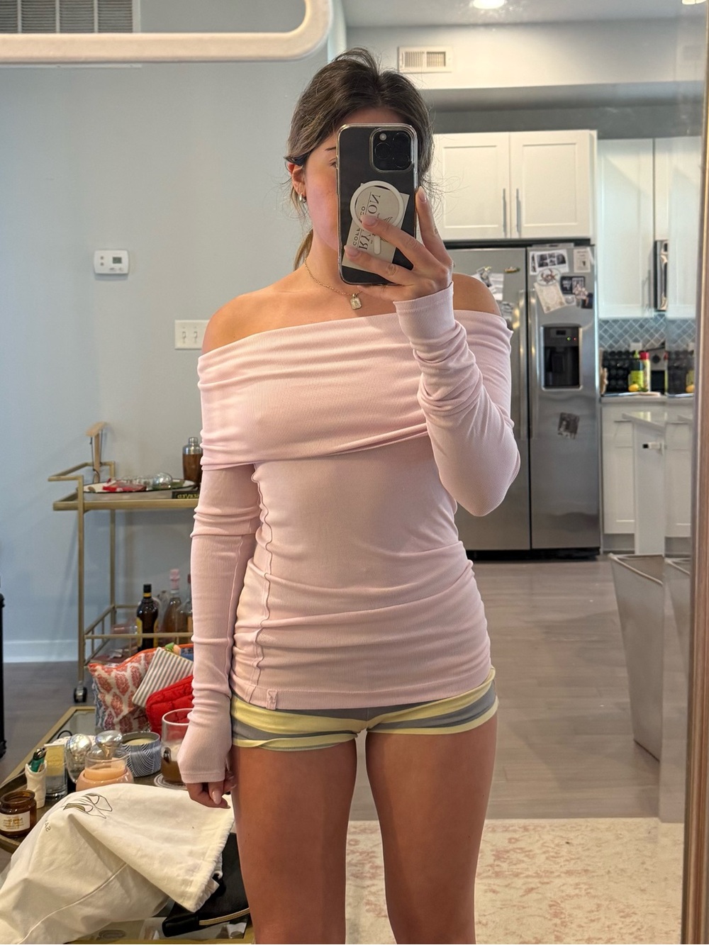 Free People Off-Shoulder Long Sleeve Top in Soft Pink
